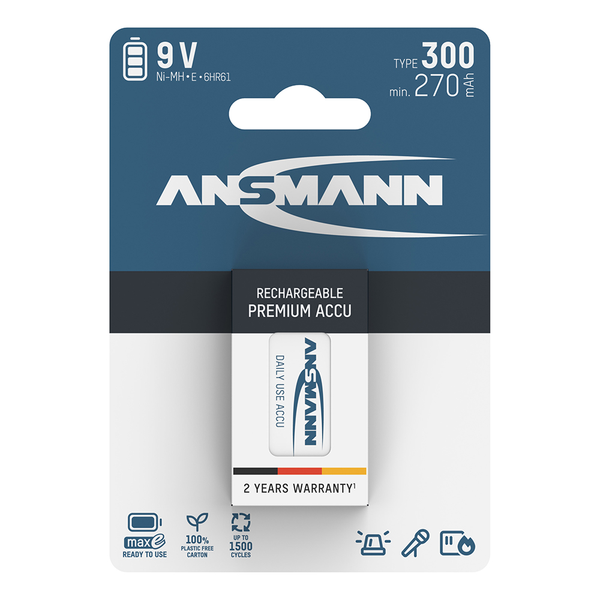 Ansmann Max-E 9V PP3 HR22 300mAh Pre-Charged Rechargeable Batteries | 1 Pack